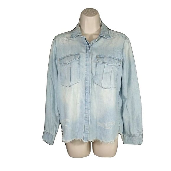 H&M & Denim Raw Hem Snap Front Top Shirt Size 4 - Picture 1 of 9